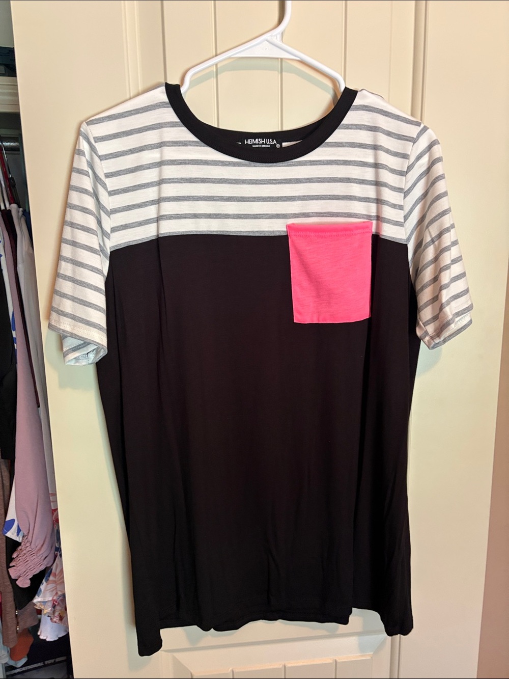 HEIMISH USA White and Gray Striped Tee with Black Neck Trim
